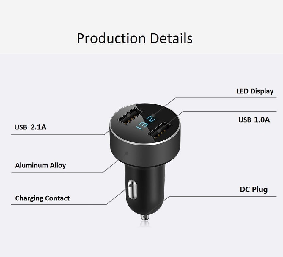 2 USB Car Charger,12V/24V Voltage Meter, Output 4.8A, Cigarette Lighter Plug Adapter Compatible with Iphone,Ipad, Samsung, USB Charging Devices, Black