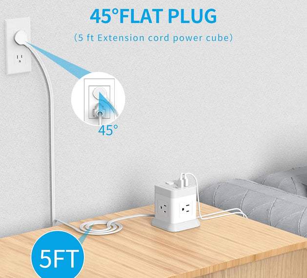 Power Bar with USB,  Flat Plug Extension Cord with 4 Outlets and 3 USB Ports, 5 FT Power Cord Desktop Charging Station, Overload Protection, Compact Portable for Travel Home Office Cruise Ship