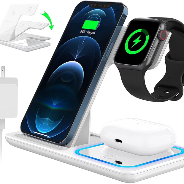 Wireless Charging Station, 18W 3 in 1 Charger Station, Fast Charging Dock Stand for Iwatch Series 11/10/9/8/7/6/SE/5/4/3, Compatible for Iphone 17/16 15 14 13 12 11 Pro Max/Samsung/ Airpod