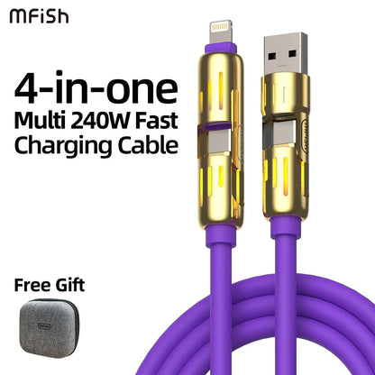 Mfish 4-In-1 Charger Multi 240W Fast Charging Super Liquid Silicone Cable with USB a Type C Lightning for Iphone17&Samsung Laptops Charger