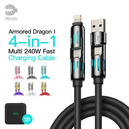Mfish 4-In-1 Charger Multi 240W Fast Charging Super Liquid Silicone Cable with USB a Type C Lightning for Iphone17&Samsung Laptops Charger