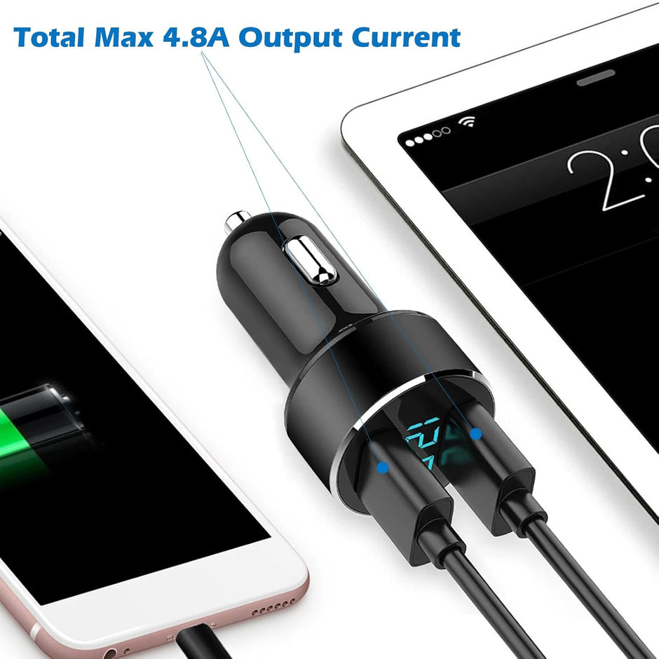 2 USB Car Charger,12V/24V Voltage Meter, Output 4.8A, Cigarette Lighter Plug Adapter Compatible with Iphone,Ipad, Samsung, USB Charging Devices, Black