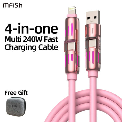 Mfish 4-In-1 Charger Multi 240W Fast Charging Super Liquid Silicone Cable with USB a Type C Lightning for Iphone17&Samsung Laptops Charger
