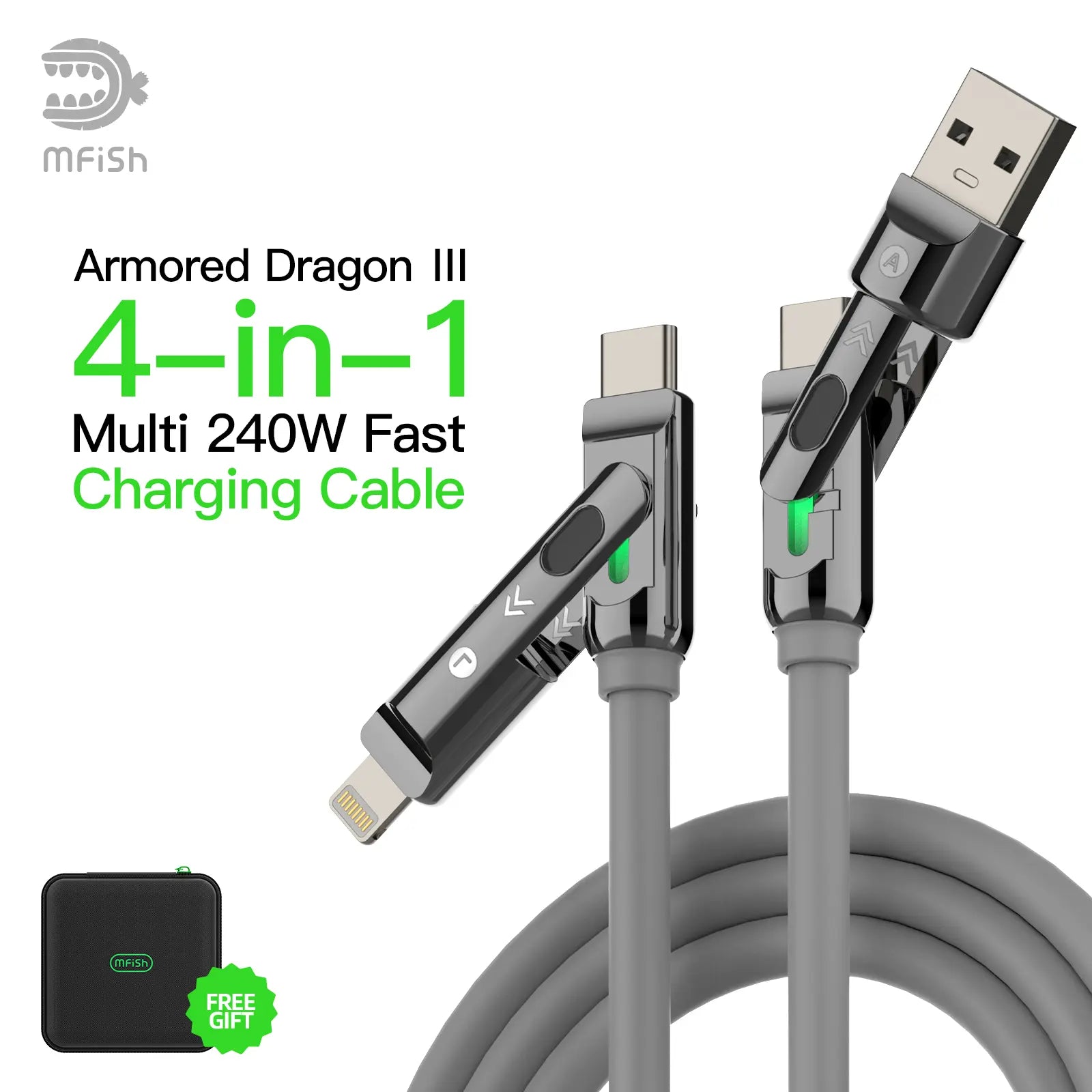 Mfish 4-In-1 Charger Multi 240W Fast Charging Super Liquid Silicone Cable with USB a Type C Lightning for Iphone17&Samsung Laptops Charger
