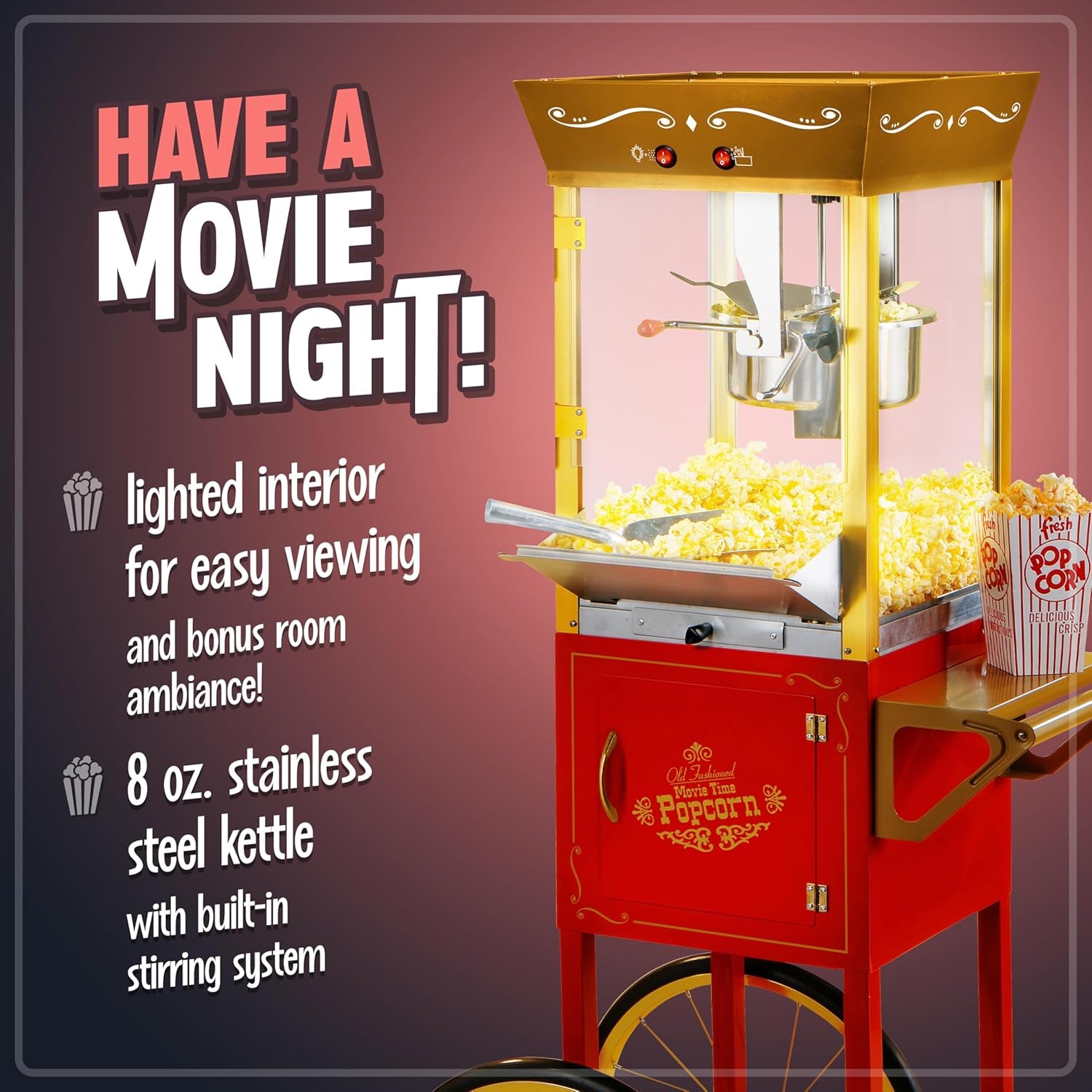 Popcorn Maker Machine - Professional Cart with 8 Oz Kettle Makes up to 32 Cups - Vintage Popcorn Machine Movie Theater Style - Red & Gold