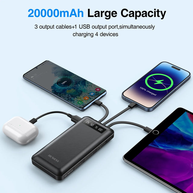 20000Mah Power Bank Portable Charger with Cables Compatible for Iphone, Android Cell Phone