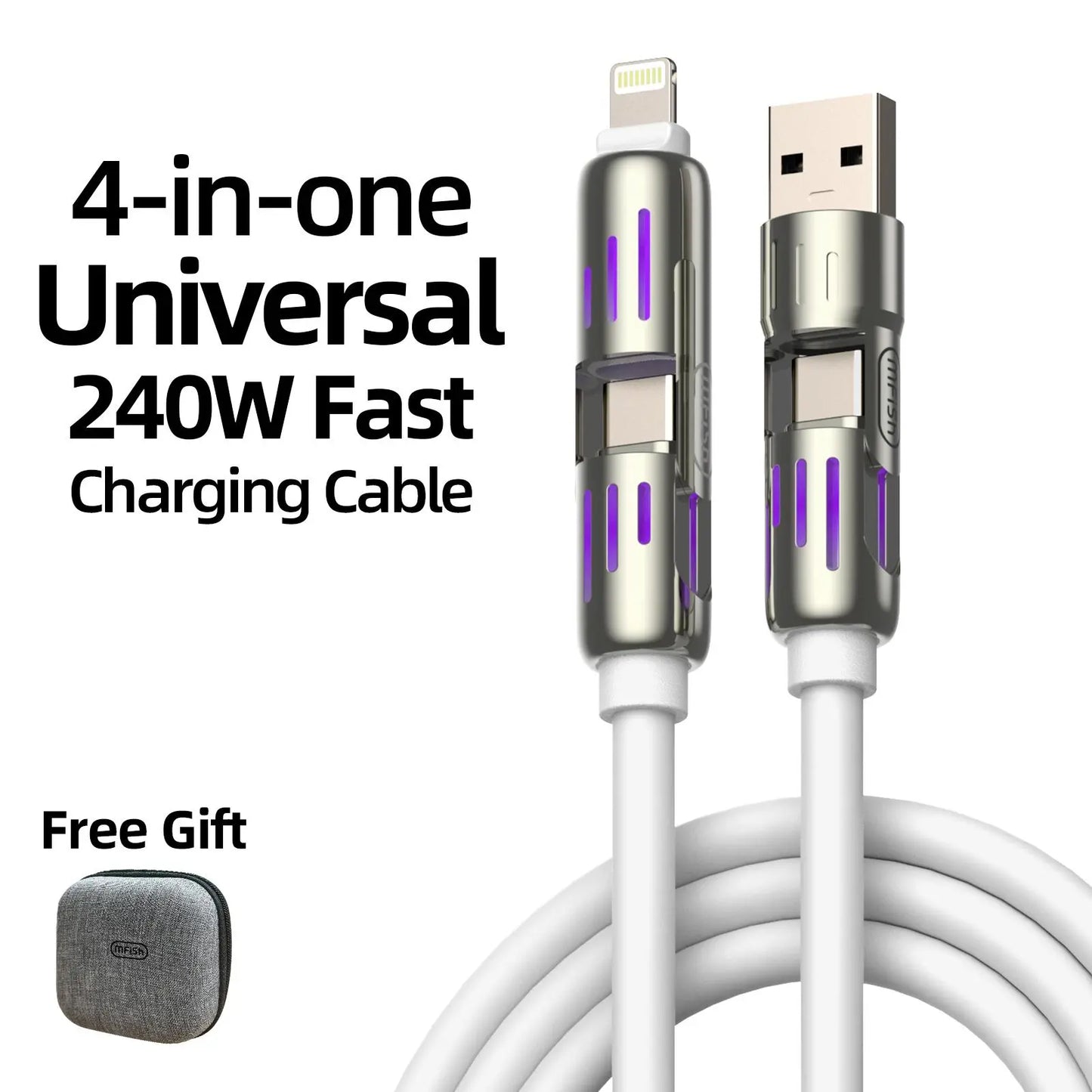 Mfish 4-In-1 Charger Multi 240W Fast Charging Super Liquid Silicone Cable with USB a Type C Lightning for Iphone17&Samsung Laptops Charger