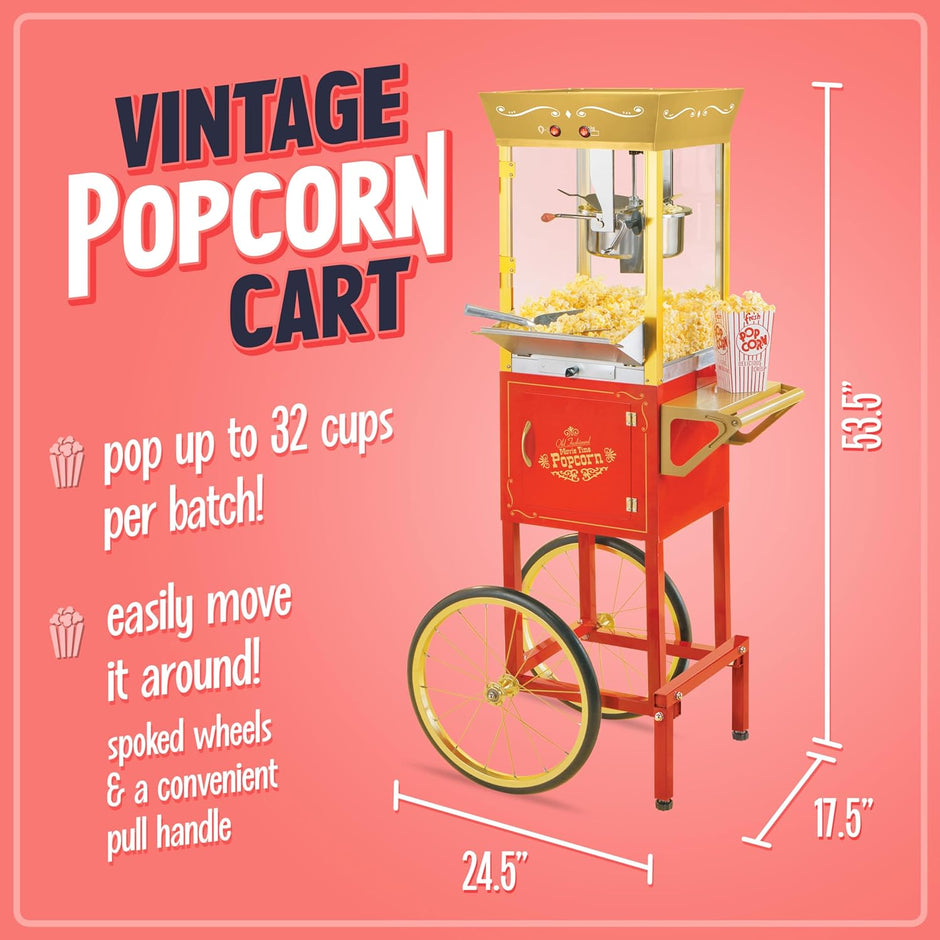 Popcorn Maker Machine - Professional Cart with 8 Oz Kettle Makes up to 32 Cups - Vintage Popcorn Machine Movie Theater Style - Red & Gold