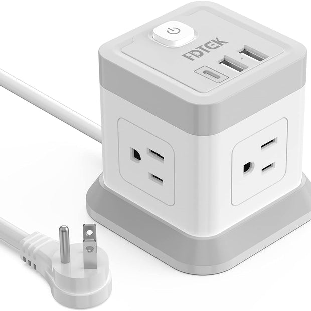 Power Bar with USB,  Flat Plug Extension Cord with 4 Outlets and 3 USB Ports, 5 FT Power Cord Desktop Charging Station, Overload Protection, Compact Portable for Travel Home Office Cruise Ship